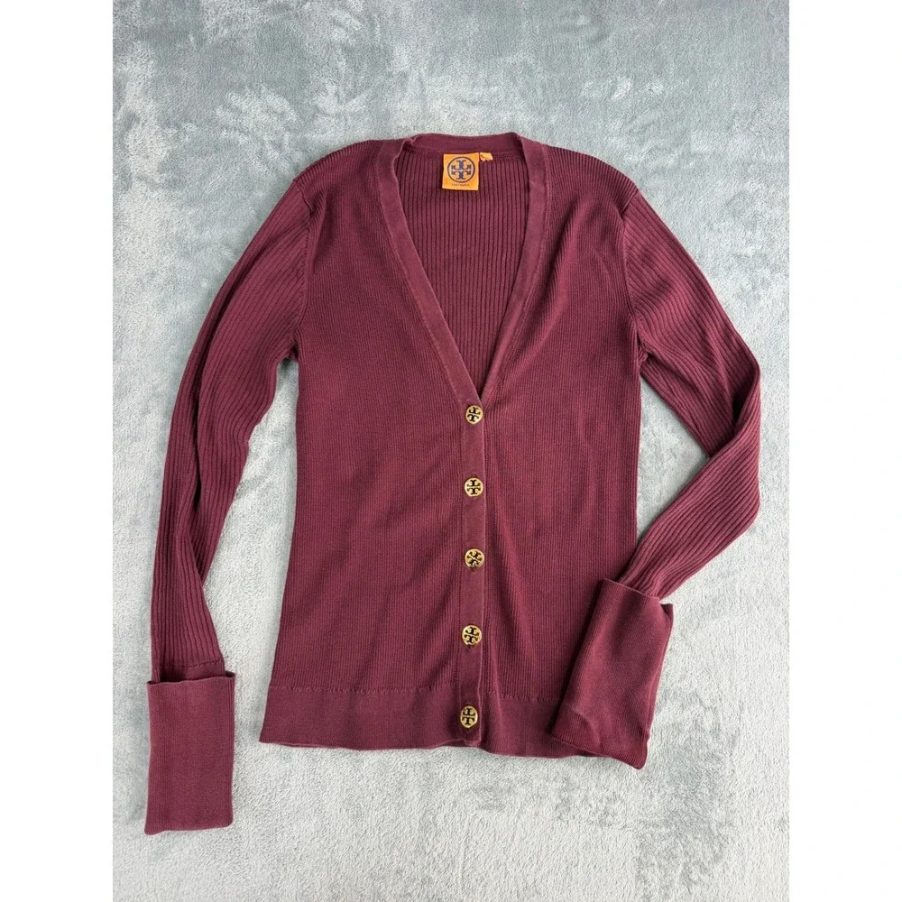 Tory Burch 100% Cotton V-Neck Fitted Cardigan Burgundy Gold Logo Buttons S